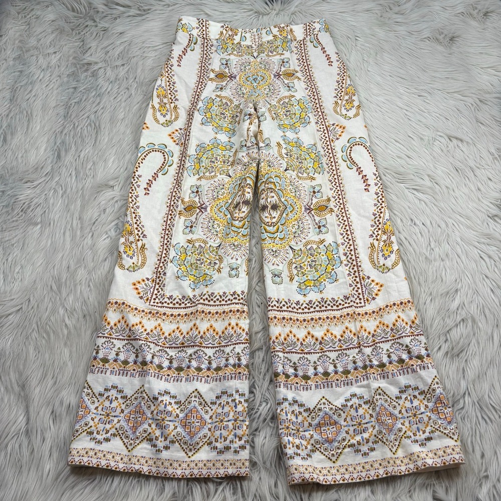 Zara Women's S High‎ Rise Printed Linen Blend Pants Resort Boho Festival Artsy